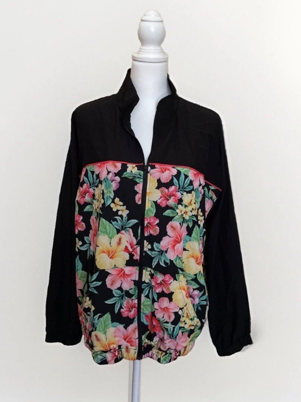 Boston Proper Track Jacket Floral Black Sz XL Full Zip Lightweight